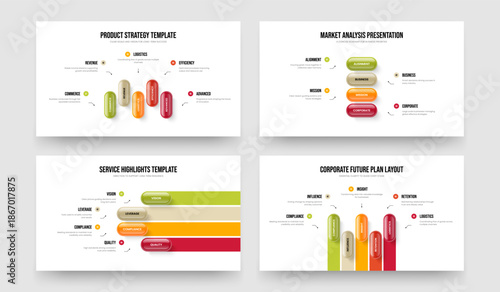 Digital Forecast Five Four Element Diagram Slideshow Layout Vector Illustration Set. Creative Overview 5 4 Step Infographic Frame Design Collection.