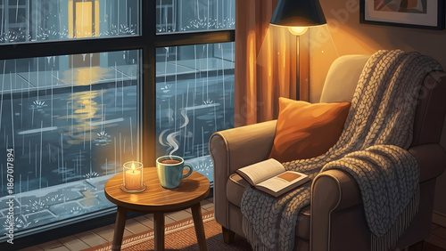 A digital painting of a comfortable armchair with a blanket and book next to a window showing rain falling outside at night