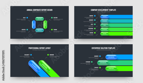 Corporate Overview 4 5 2 3 Step Infographic Presentation Layout Collection. Enterprise Performance Four Five Two Three Element Diagram Slideshow Template Vector Illustration Bundle.