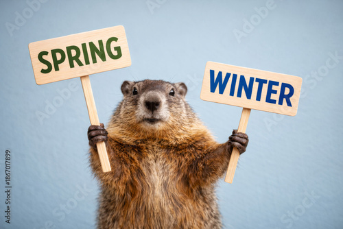 Groundhog holding spring and winter signs on blue background, Groundhog Day weather prediction concept.