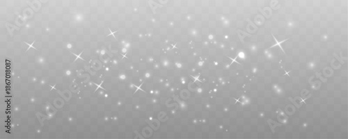 Silver dust sparkles with glitter, sparks, shimmer across soft bokeh blur, glowing with warm highlights, flare light particles twinkle for Christmas and New Year magic. PNG vector illustration. 