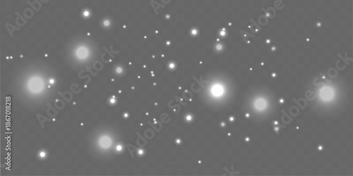 Radiant silver dust glows with sparkle, white glitter, shimmer, twinkle across blurred bokeh, surrounded sparks, luminous highlights, soft flare for Christmas, New Year mood. PNG vector illustration.