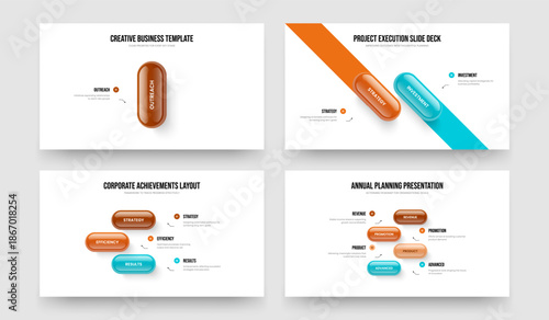 Business Solution 1 2 3 4 Step Diagram Slide Design Bundle. Financial Plan One Two Three Four Element Infographic Slideshow Layout Vector Illustration Collection.