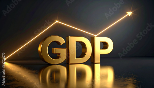 Golden GDP letters on glossy black reflective surface with glowing upward arrow, symbolizing economic growth, financial success, and positive market trend in modern studio setting