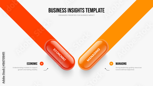Market Growth 2 Element Diagram Slideshow Layout. Business Performance Two Step Infographic Presentation Design. Professional Visualization Frame Template Vector Illustration.