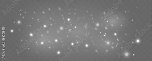 Silver dust particles drift through blurred bokeh sparkle, white glitter, shimmer, gentle glow, filled with twinkle, sparks, radiant highlights for Christmas and New Year. PNG vector illustration.