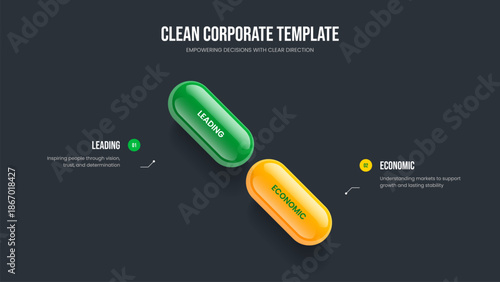 Service Portfolio Two Element Infographic Slide Layout. Company Planning 2 Option Diagram Presentation Design. Enterprise Briefing Slideshow Template Vector Illustration.