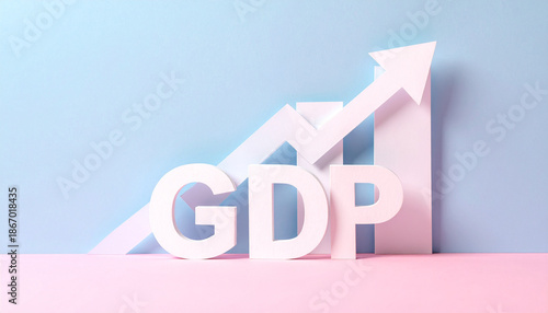 GDP growth concept with upward arrow, bar chart, and pastel background, symbolizing economic progress, financial success, and positive business trend in modern minimal style
