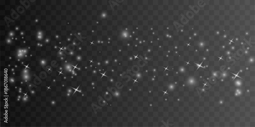 Silver dust sparkles with glitter, sparks, shimmer across soft bokeh blur, glowing with warm highlights, flare light particles twinkle for Christmas and New Year magic. PNG vector illustration. 