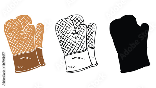 Oven mitts in various styles and colors for cooking