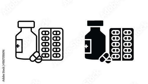 Medical bottle and pills icon set for health concepts