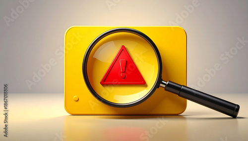 Yellow warning sign with red triangle and exclamation mark under magnifying glass, minimal background, alert concept, focus on caution and risk detection