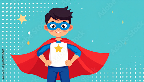 Confident child superhero in blue mask and red cape stands proudly with hands on hips, smiling against dotted blue background with stars, expressing courage and joy