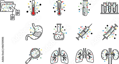 Medical laboratory icon set featuring thermometer test tubes syringe stomach lungs and kidneys with colorful digital data network nodes for healthcare technology infographics.