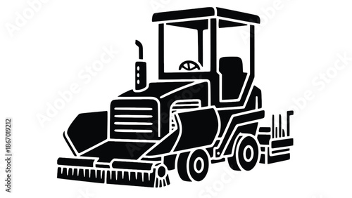Black road roller machine with cabin and broom