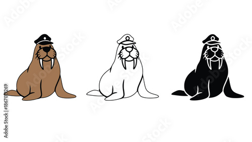 Walrus wearing police hat in three color variations