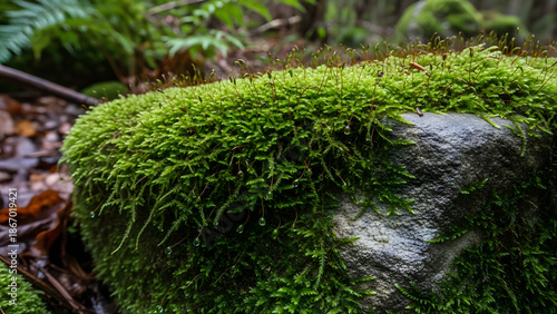 Close up view of soft green moss and tiny sprouts growing on a large rock in a forest