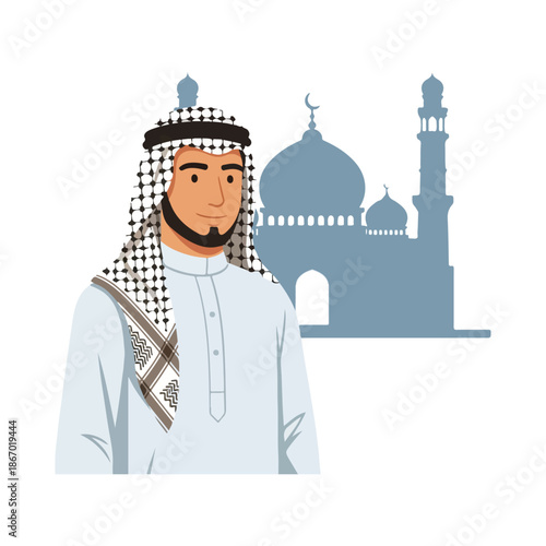 Traditional Eid Elegance – Honoring Middle Eastern Heritage with Mosque Silhouettes and Cultural Attire in Harmony