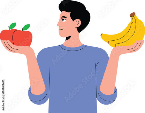 Fruit Choice Vector Showing Person Holding Apples and Bananas to Represent Healthy Decision-Making and Nutritional Preferences.