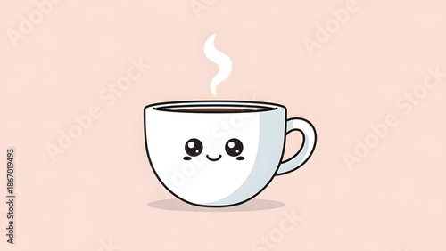 A cute white coffee cup with a smiling kawaii face and steam rising against a pink background
