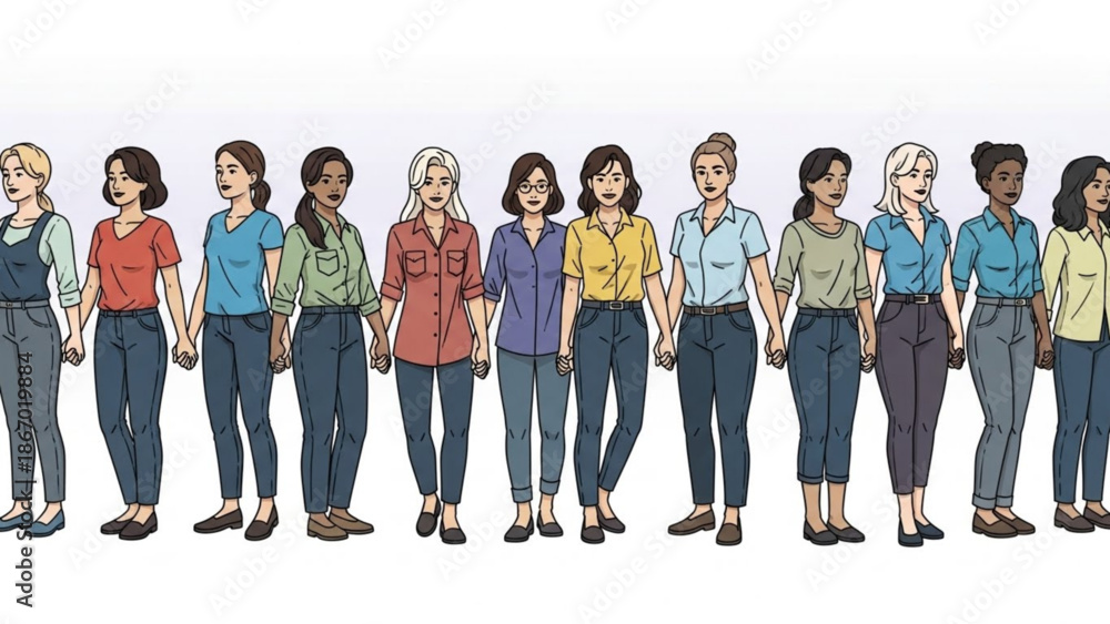 Fototapeta premium Diverse group of women holding hands representing unity and diversity isolated on white background for concept illustration