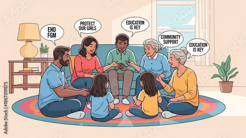 Diverse family and community members discussing important topics promoting education and support illustration for social causes