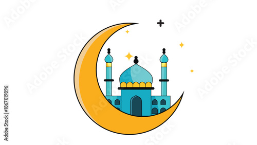 Ramadan & Eid Islamic Icon Set featuring a crescent moon embracing a mosque, symbolizing the holy month of Ramadan and the celebration of Eid al-Fitr.