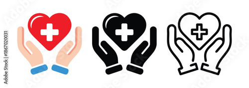 Healthcare Charity Icon Set – Hands Holding Heart with Medical Cross, Red Black Outline Vector