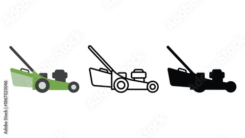 Three lawn mowers in green, outline, and black