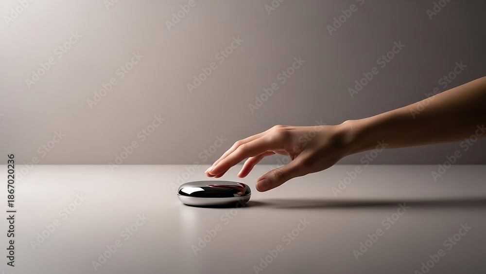 Fototapeta premium Hand reaching for wireless mouse on modern surface