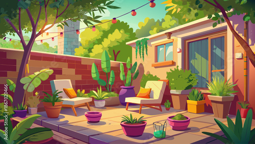 Small urban backyard with potted plants and cozy seating