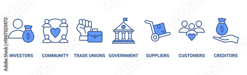 Stakeholder relationship banner web icon vector illustration concept for stakeholder, investor, government, and creditors with icon of community, trade unions, suppliers, and customers