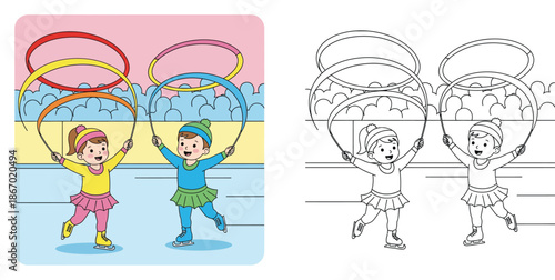 Coloring book page of happy children figure skating with ribbons, vector illustration with color and outline.