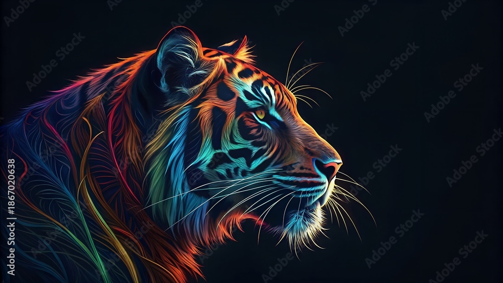 Fototapeta Vibrant close-up of a tiger's face illuminated by colorful neon lights