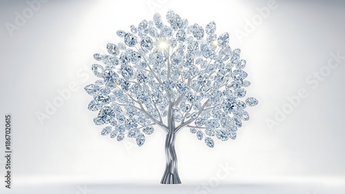 Artistic crystal tree sculpture illuminated in studio