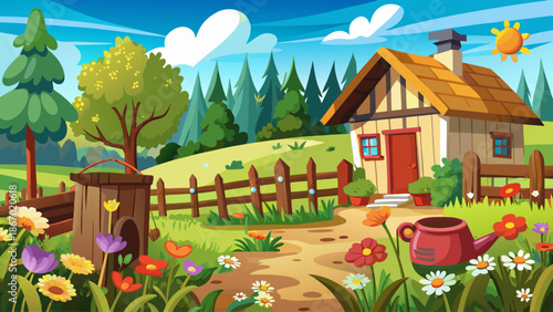 Rustic countryside backyard with wooden fence and wildflowers