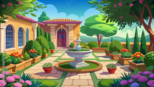 Elegant backyard with flower beds and stone patio