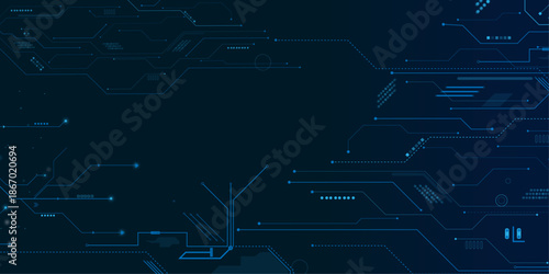 Glowing light blue neon AI chip with thin circuit contact lines. Technology lines circuit and dots on blue background, circuit board network connection.