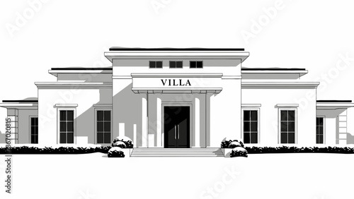 Grand Modern Classical Style Villa with Columns on Isolated White Background