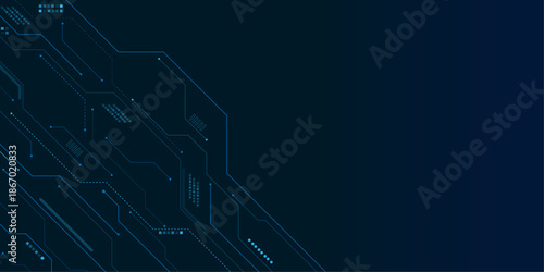 Abstract AI circuit board background. Technology connected blue lines with electronics elements on tech bg. Vector futuristic blue wires on a circuit board on a dark technological background.