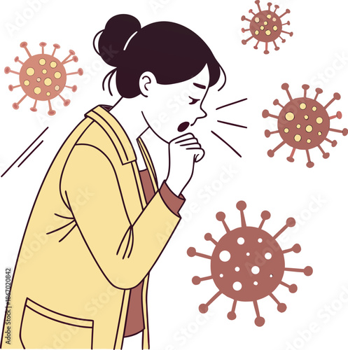 Woman coughing surrounded by virus particles, illustrating symptoms of viral infection 