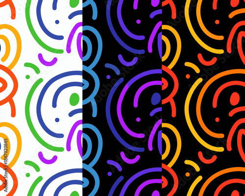 Vibrant rainbow swirl patterns on white and black backgrounds