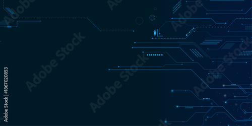 Technology connected blue lines with electronics elements on tech bg. Vector futuristic blue wires on a circuit board on a dark technological background.