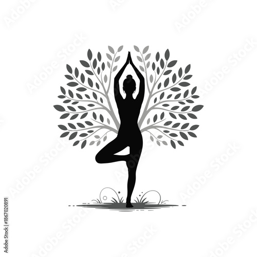 Black Silhouette Yoga Tree Pose with Nature Leaves Illustration