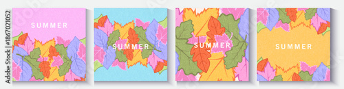 Summer greeting clipart banner poster set. spring tropical leaves. Creative concept of summer bright cards set with abstract colorful tropical leaves. Modern art minimalist style design templates.