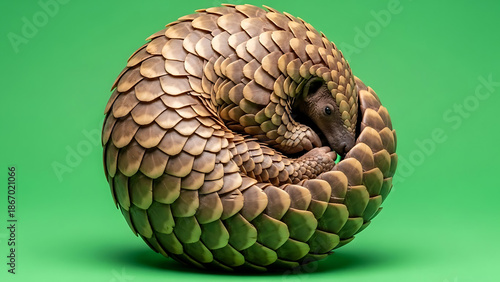 A curled pangolin resting on vibrant green backdrop