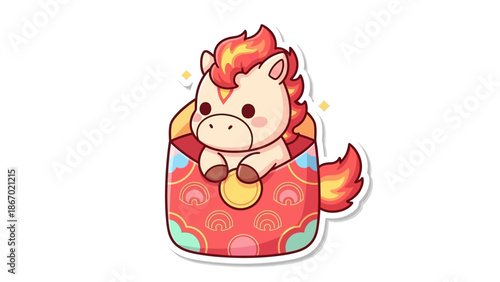 A cute Fire Horse sticker with red and yellow flames, sitting on a red envelope with gold accents, conveying a festive Chinese New Year mood against a clean white background.