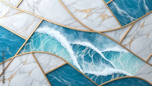 Wallpaper Mural Elegant gold-framed mosaic showcasing dynamic ocean waves and luxurious marble Torontodigital.ca