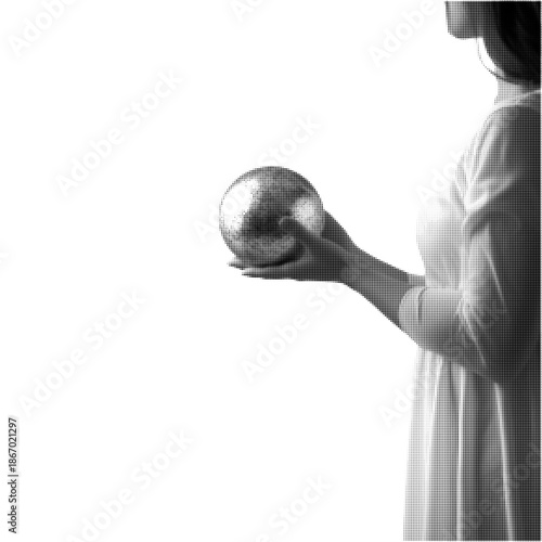 Hand holding crystal ball in black and white halftone style. Conceptual illustration of future, prediction and mystery with dot texture, minimal modern graphic design isolated on white background.
