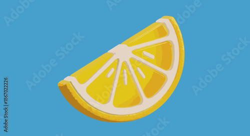 A vibrant, refreshing 3D rendered lemon slice with bright yellow pulp and white pith, set against a clean blue background, perfect for summer themes.